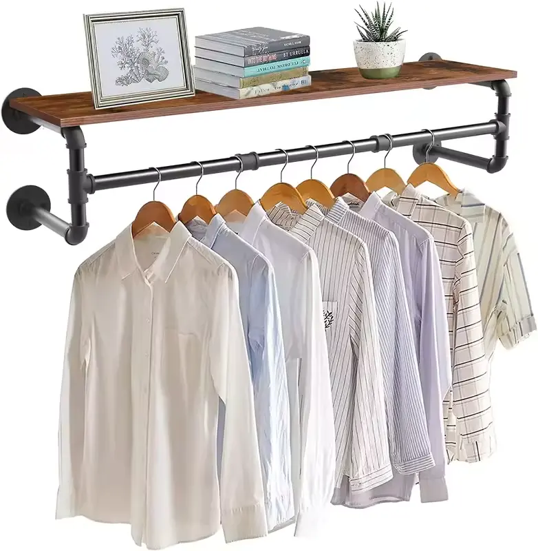 Wall Mounted Industrial Pipe Clothes Hanging Rack with Wood Shelf for Bedroom Living Room Rustic Storage Organizer Rack