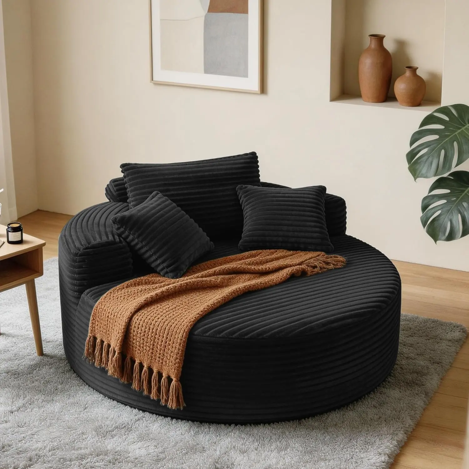 55'' Oversized Round Corduroy Cloud Lounge Chair – Indoor Circle Chaise with Deep Seat & 3 Pillows for Living Room