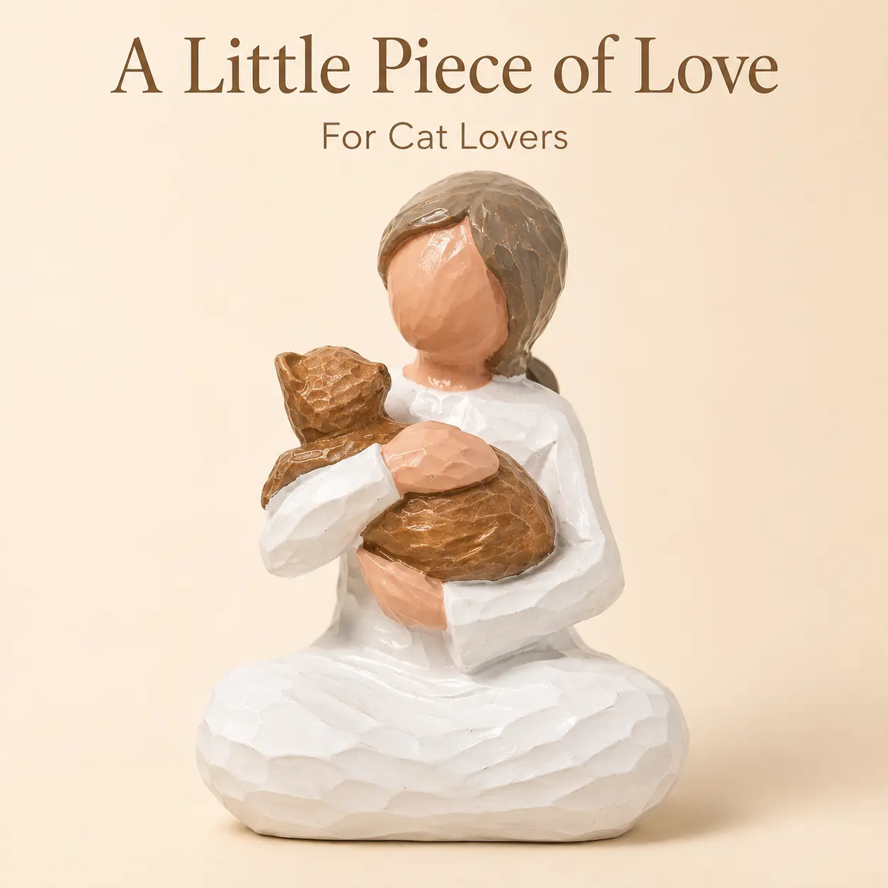 Handmade Resin Girl Holding Cat Figurine, Heartwarming Cat Lover Gift, Minimalist Home Decor Statue for Shelf, Desk, Bedroom Decoration
