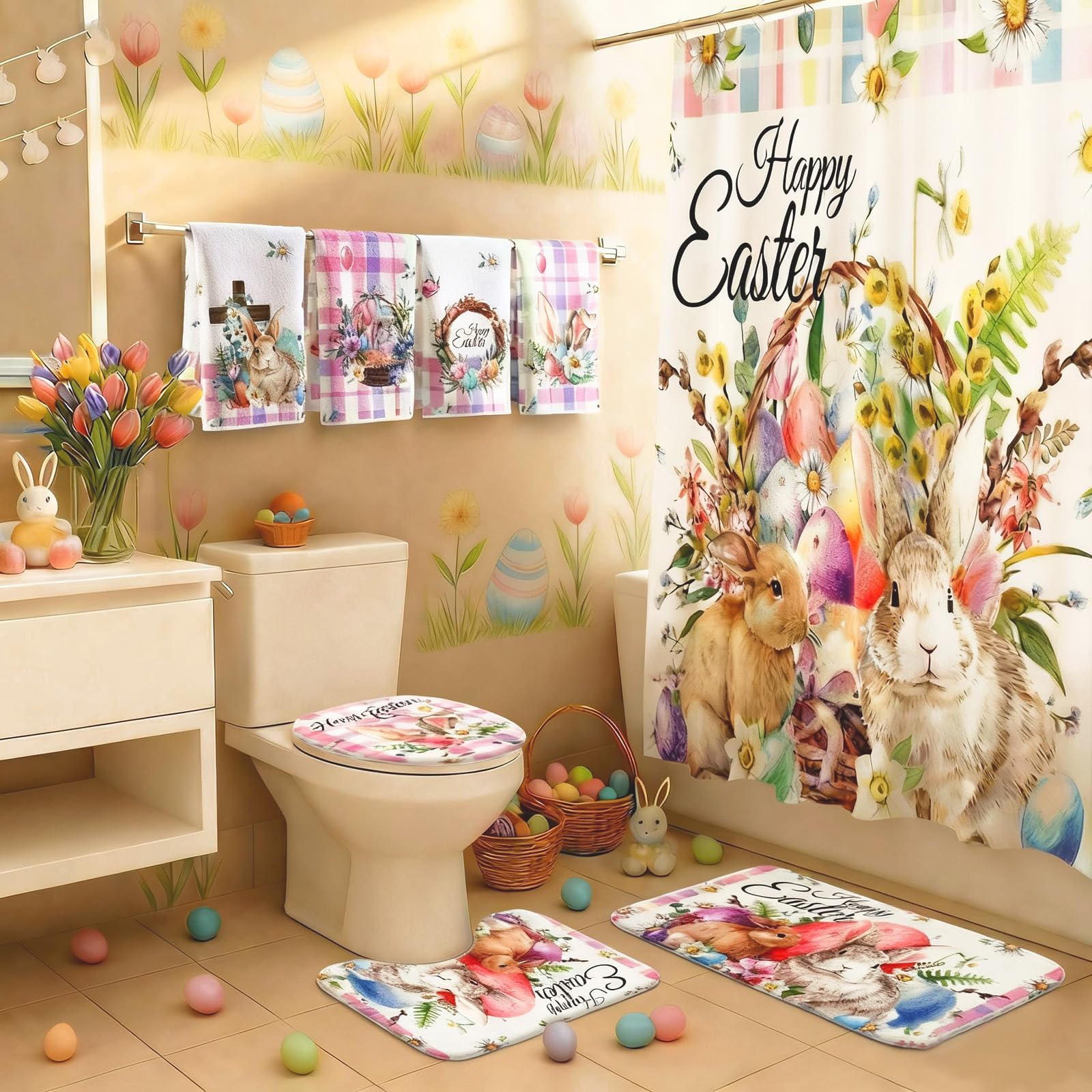 4/8Pcs Easter Bunny Bathroom Decor Set including 70x70in Waterproof Bunny Flower Shower Curtain with Hooks & Non Slip Bath Mat & U shaped Rug & Toilet Lid Cover for Spring Bathroom Makeover Home Supplies