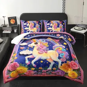 Pink Purple Rainbow Unicorn Flower Comforter Set Twin for Kids Girls,Girls Unicorn and Rainbows Bedding Sets Twin,with 1 Comforter with 2 Pillow Case,Unico