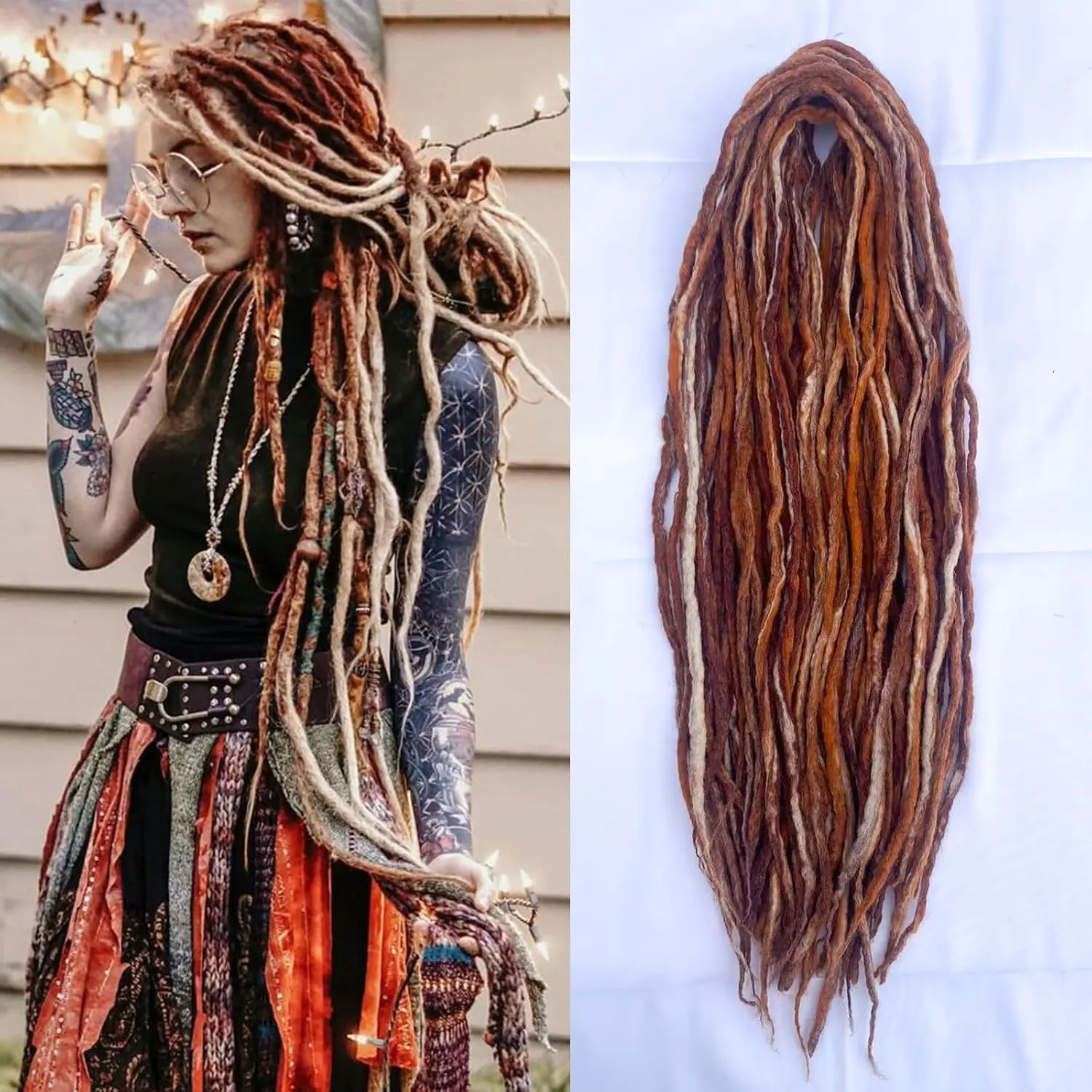 Women's 22-In Synthetic Wool Double-Ended Dreadlock Extensions, 15 Strands Mixed Brown Thin Boho Soft Locs, Hippie-Style Fake Hair Extensions