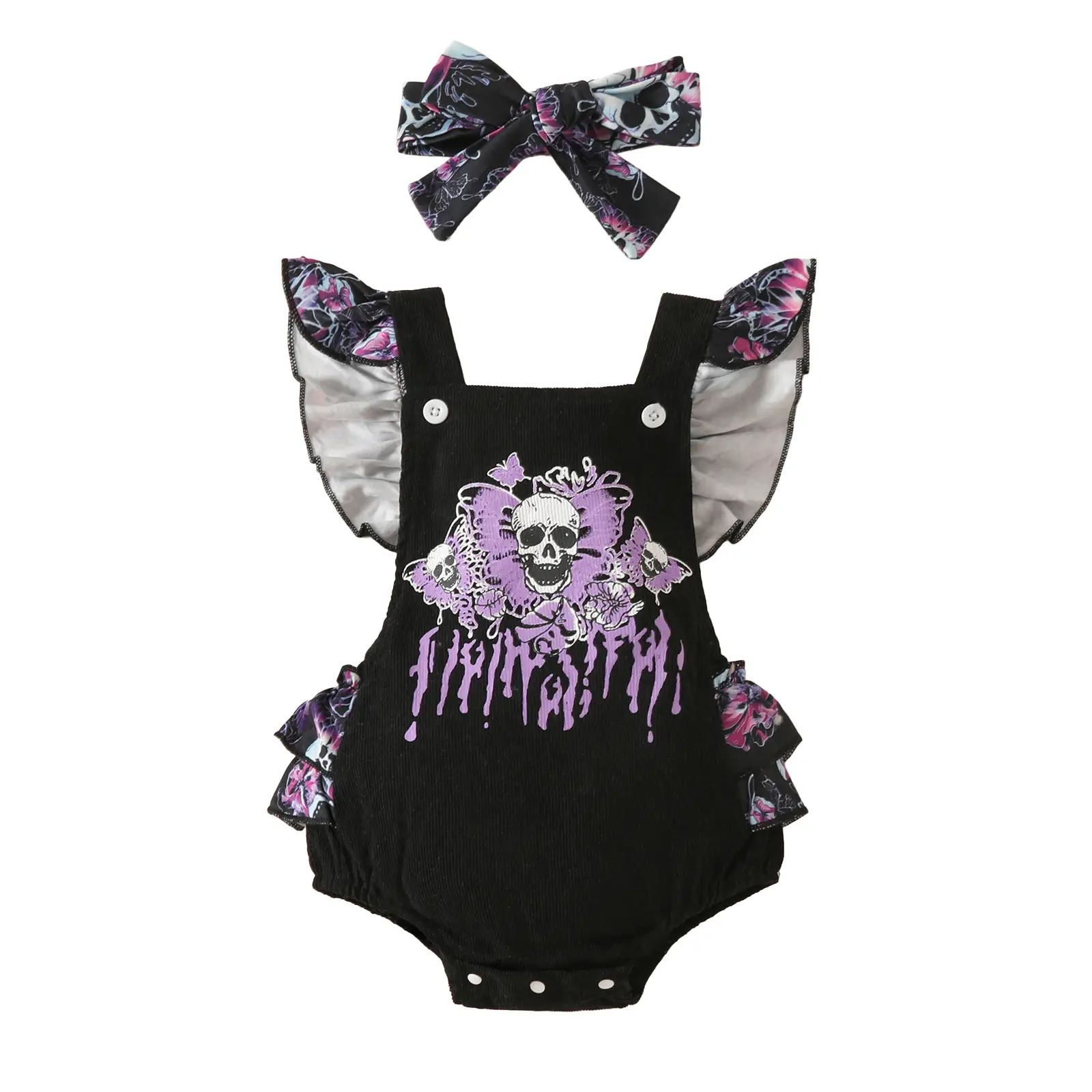 0-18M Baby Girl Halloween Clothes Outfits Fall Romper Skull Print Flutter Sleeve Tiered Ruffled Overalls Jumpsuits Headband Outfits