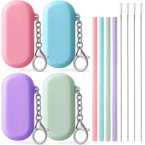 4 Set Portable Straw, Straws  with Case  Portable Drinking travel Straw Set for Party Travel Cold or Hot with 4 Cleaning Brushes (,,Green, Blue)