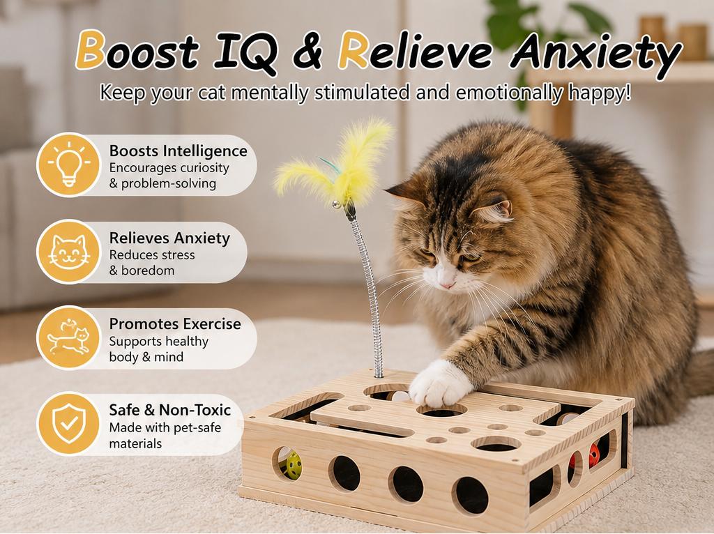 Cat Toys for Indoor Cats - Interactive Box Puzzle Toy Nail File Scratcher Hunting Play Toy with 3 Jingle Balls & 1 Feather Wand, Wooden Puzzle Treat Toy Box Energize Cat Instincts for Bored Cats
