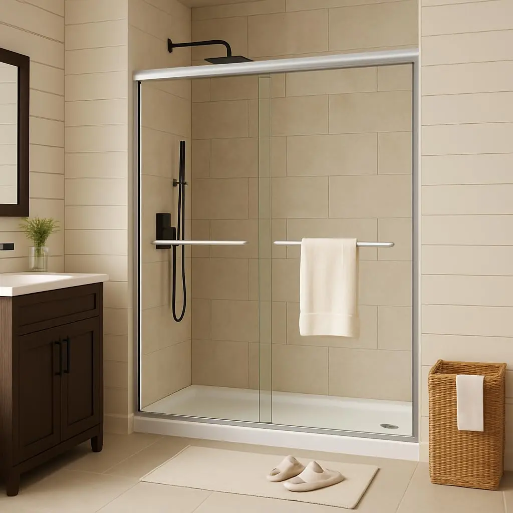Modern Semi-Frameless Pivot & Double Sliding Shower Door, 44-48" W x 72" H, 6-8mm Clear SGCC Tempered Glass with Explosion-Proof Film, Reversible Installation, Stainless Steel Handles, Matte Black & Brushed Nickel Options