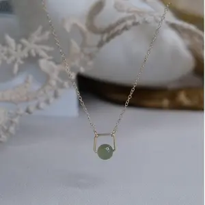 Natural Hetian Jade Necklace, Dainty Nephrite Bead Pendant with Gold Filled Chain