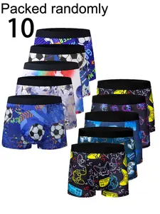 10-Pack Trendy Sporty Print Men's Boxer Briefs, Underwear Boxer, Mid-Waist High Elastic Soft Non-Rolling Edge, Fashionable Teenager Four-Panel Shorts