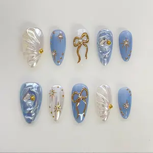 Baby Blue Press on nails short almond nails long/3D Shell nails/Bow Nails/Blue Nails/Pearl White Nails/Kawaii Nails/Holiday Damontaerichmondnails