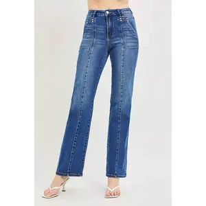 RISEN High Rise Straight Patch Pocket Seamed Jeans