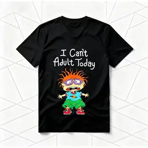 "I Can't Adult Today" Rugrats Cartoon American Retro Black Short-Sleeved Unisex T-Shirt, Nostalgic 90s Character Graphic, Casual Streetwear for Cartoon & Meme Enthusiasts, Unique Quirky Pop Culture Fashion Statement Piece Game funny crewneck menswear Fabr