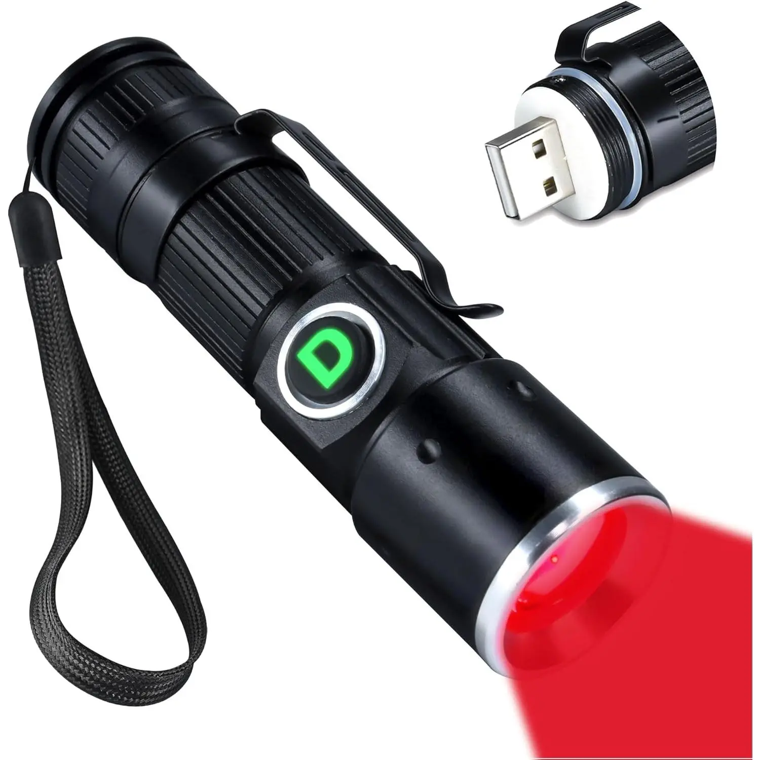 Rechargeable USB Aluminum Red LED Flashlight - Compact, Lightweight, Focus-Adjustable, Aviation LED Lights with Pocket Clip, Built-In Battery, USB Charger, 1.06*3.47*0.94 in, 2.59 oz, 1.5 Hrs Charge, for Astronomy, Night Observation, Hunting