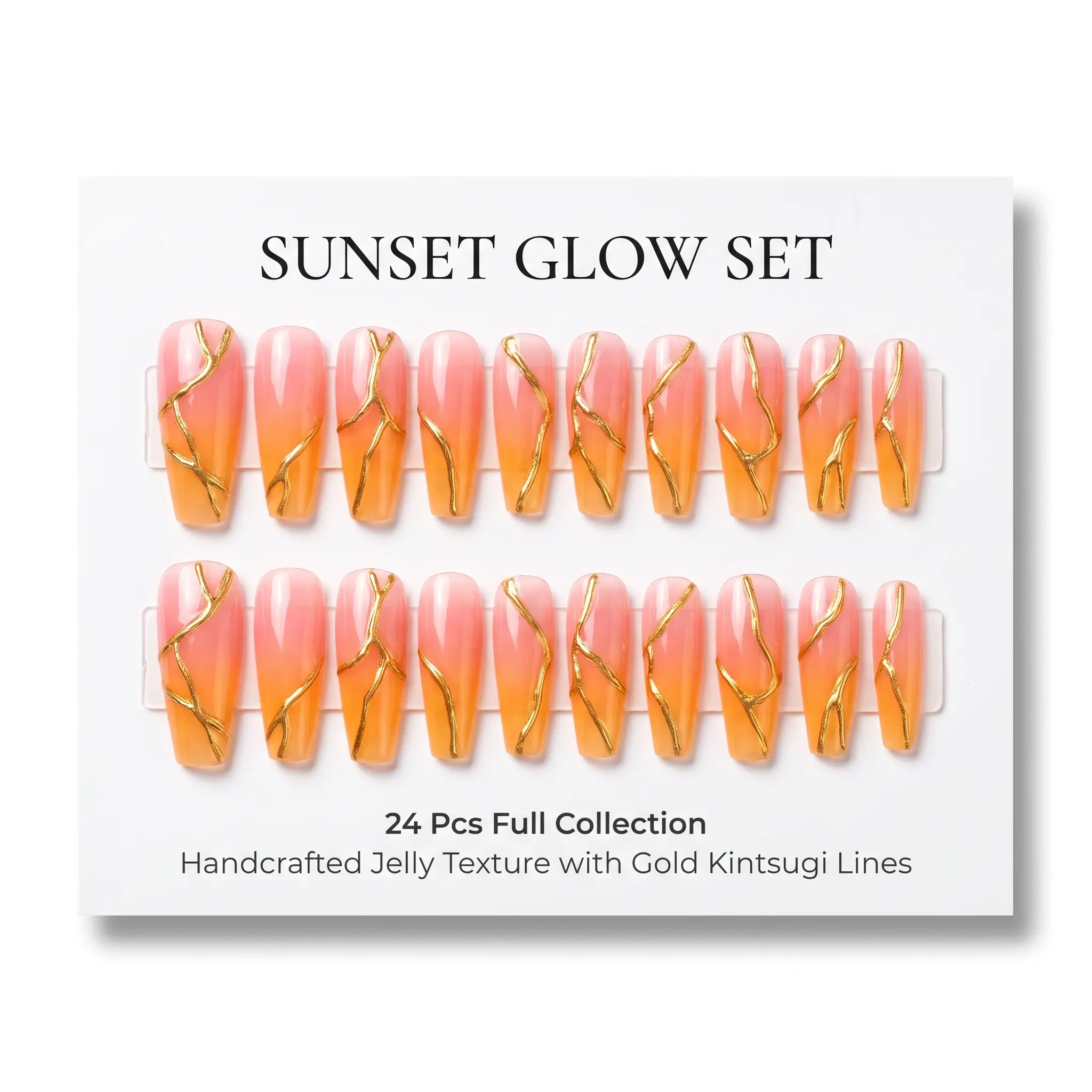 Zatvios Glowing Peach Orange Gradient Stick On Nails 3D Metallic Crack Gold Coffin Nails Sweet Vibrant Reusable Manicure