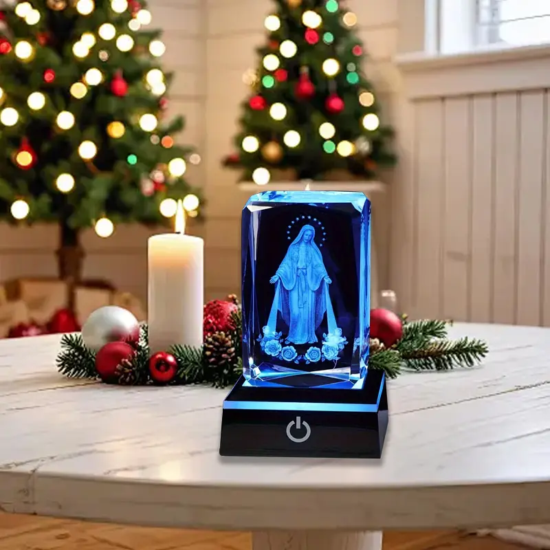 3D Virgin Mary Crystal Globe Night Light Laser Etched Virgin of Guadalupe Glass Globe Statue Virgin Mary Christian Catholic Religious Easter Gift Decorative Item Led Base Ambient Lighting campingessentials