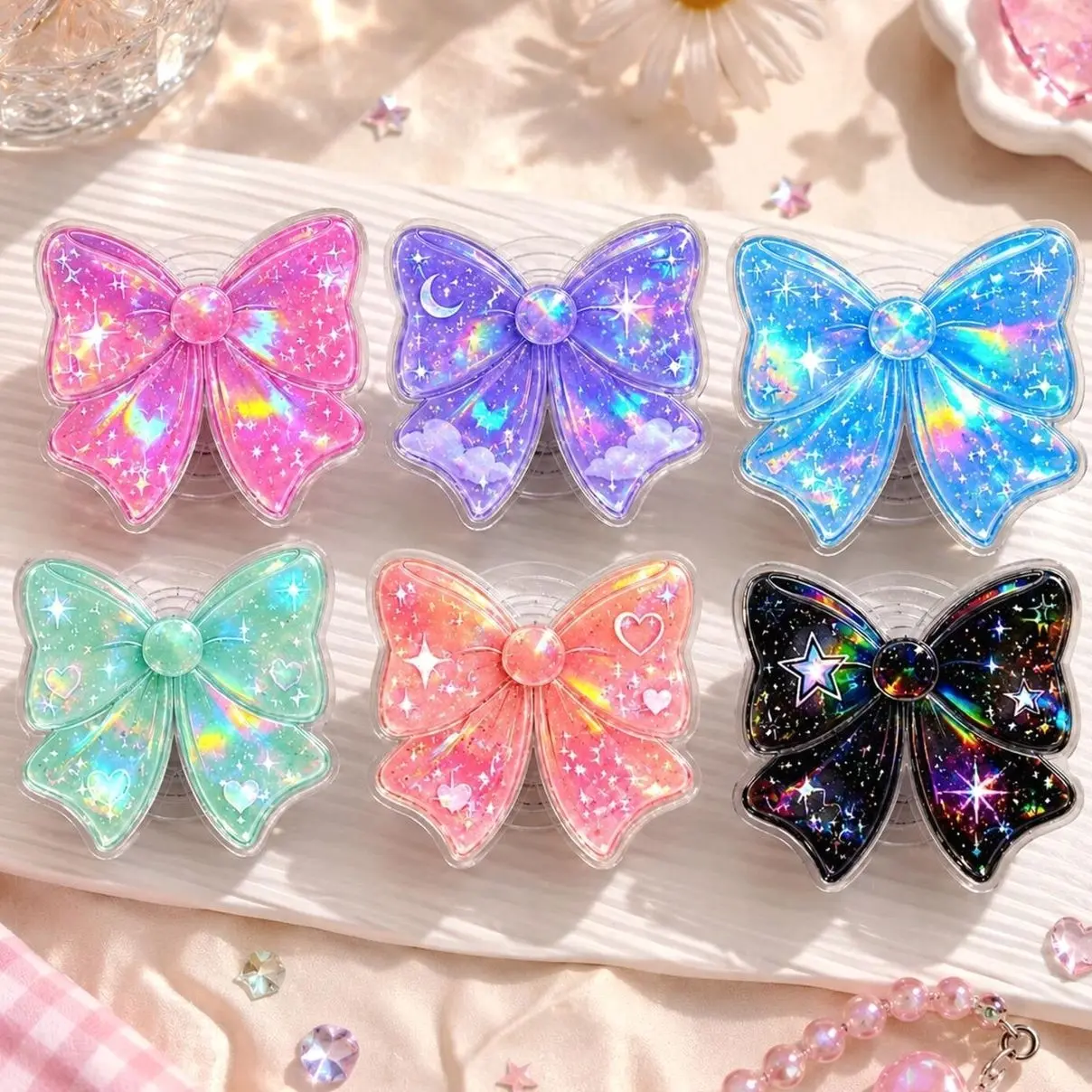 Bow Tie Star Hologram Phone Grip, Coquette Phone Holder, Cute Feminine Accessory, Pastel Ribbon Magnetic Phone Stand, Gift for Her