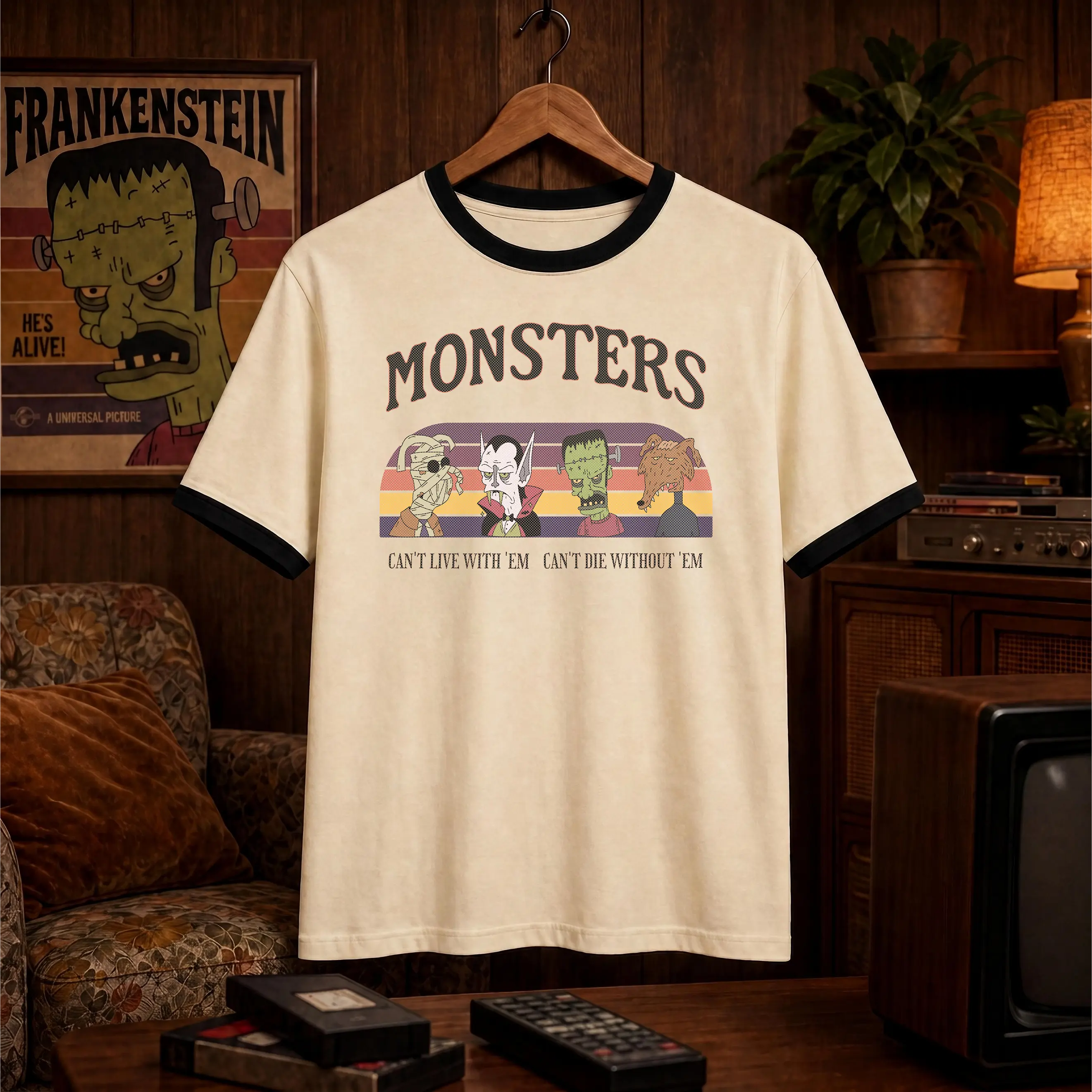 Men's Short-Sleeve Retro Halloween Monsters 70s Vintage Ringer T-Shirt