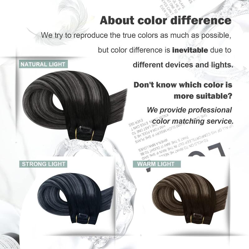 MORESOO Clip-in Hair Extensions Remy Human Hair Natural Straight 10-28inch Invisible Seamless Color Blend Easy Wear Black Hair Clip on for Women