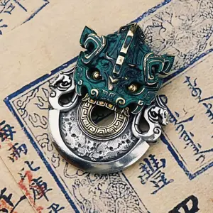 Fashionable Chinese Style Bronze Taotie Axe Pendant Handmade Car Keychain Domineering Beast Pattern Retro Hanger Gift For Boys