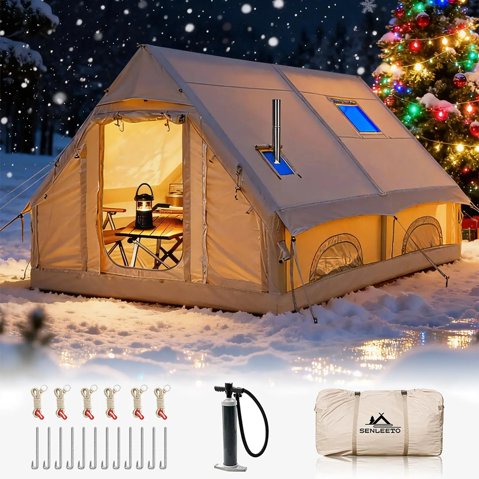 4-Season Inflatable 10 Person Instant Cabin Tent, 8-10 Persons 129 Sq Ft with Stove Jack, Mesh Windows & Pump, Compact Tents for Camping Summertime Outdoor Use