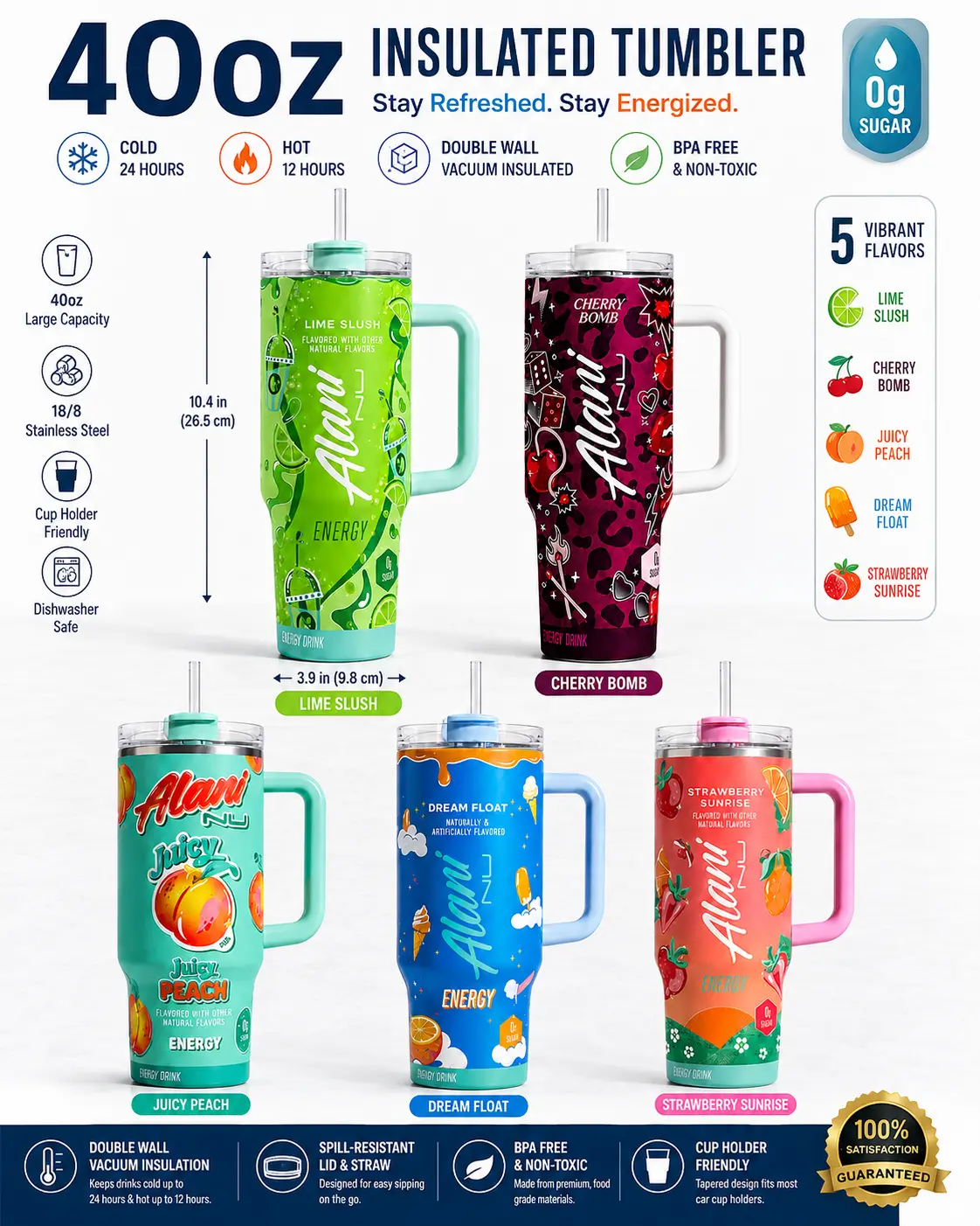 Alani Insulated Tumbler 40oz Double Wall Vacuum Insulated BPA Free Non-Toxic 5 Vibrant Flavors Stay Refreshed Stay Energized