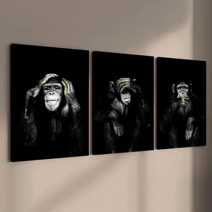 Monkey Wisdom Fable Pattern Canvas Painting, 3 Counts Wooden Framed Canvas Painting, Modern Art Fashion Decoration for Home Living Room Bedroom Office, Ornaments, Wooden Wall Art