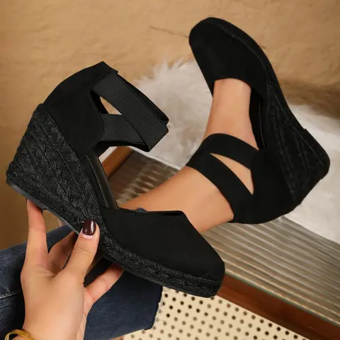 Women's Fashionable Plain Color Espadrilles Wedge Sandals, Casual Comfortable Sandals for Beach Vacation, Lightweight Breathable Shoes for Daily Wear, Summer, Espadrilles Sandals Footwear, Getaway Sandals