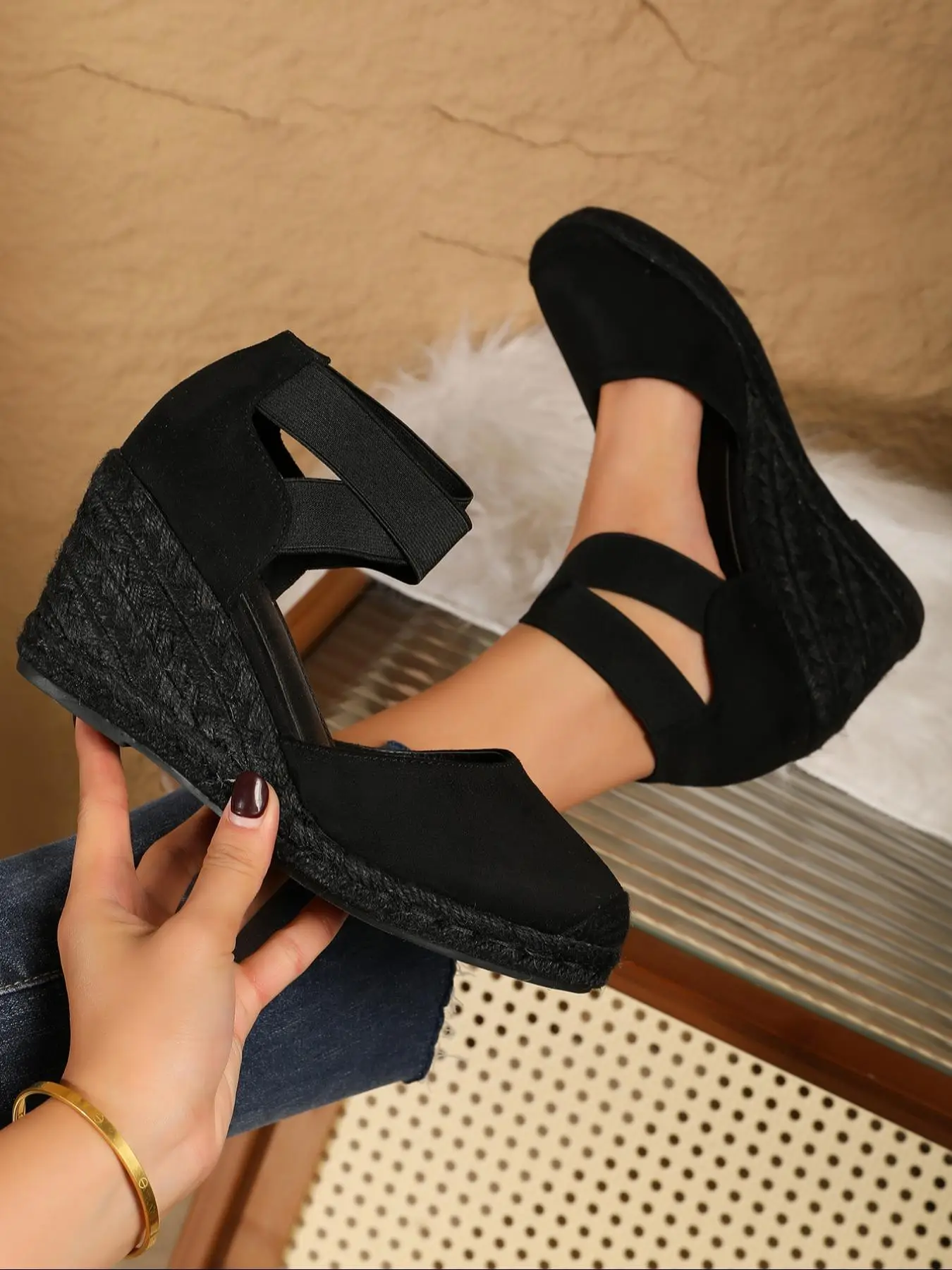 Women's Fashionable Plain Color Espadrilles Wedge Sandals, Casual Comfortable Sandals for Beach Vacation, Lightweight Breathable Shoes for Daily Wear,