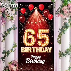 2D flat banner, 1pc65th Birthday Celebration Graphic Backdrop - Red Black Gradient, Golden Spotlight, Vintage Marquee '65', Festive Balloons & Confetti for Party Decorgalentines party decor, valentine day decor, decorations for valentines day