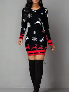 Women's Vintage Geometric Print Casual Long Sleeve Dress, Elastic Polyester Blend Mini Tight Fit, Perfect for Daily Wear & Festive Occasions