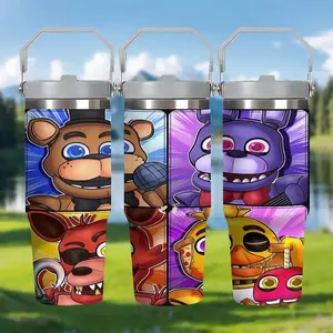 1pc 30oz Stainless Steel Thermos Mug, "Five Nights at Freddy's | Cute Character Collage Portable Thermos Mug", with handle and straw, suitable for car use, appropriate for various occasions, personalized gift for birthdays/holidays