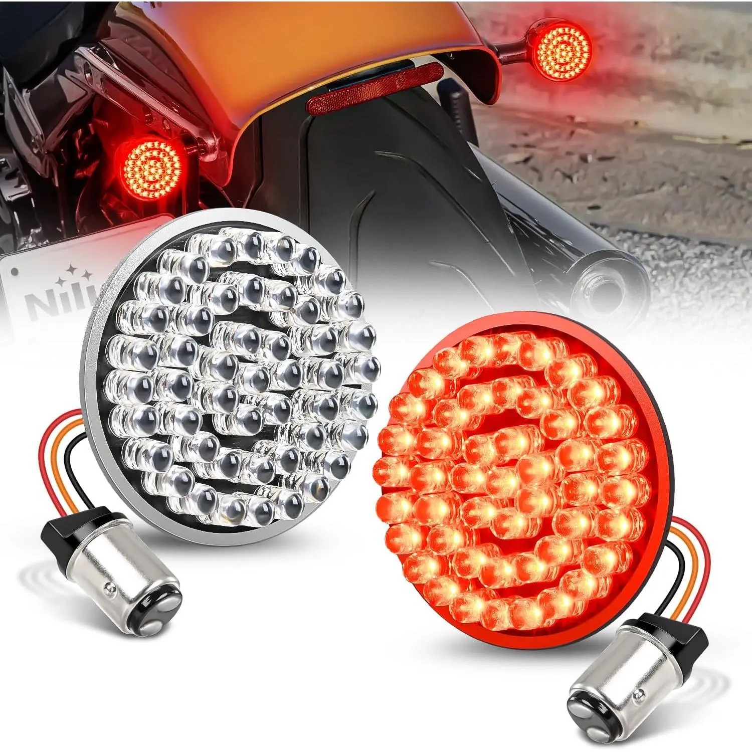 Nilight 2-In Motorcycle LED Turn Signal Lights - 1157 Socket, Plug-In Easy, LED Backlights, Rear Brake Running Functions, Safety Upgrade, Plug-and-Play for Harley Davidson Models