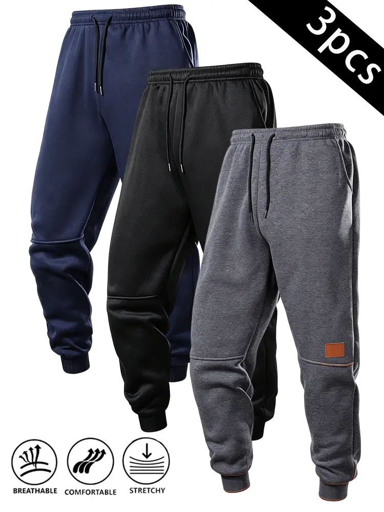 3pcs men’s autumn/winter joggers, solid color cuffed fleece sweatpants—comfortable and durable for running workouts, perfect for an active lifestyle