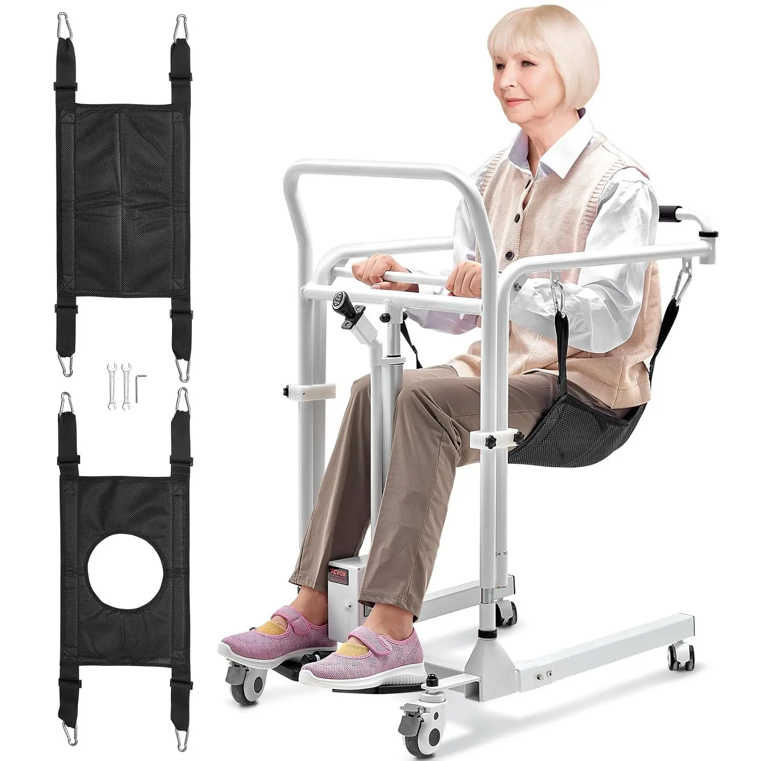 VEVOR Unisex Electric Patient Lift Transfer Chair - Quick-Fold Wheelchair with 13-Inch Height Range, Bedside Commode Toileting Aid, 2 Replaceable Seat Cushions, 214 Lifts, 220LBS Capacity for Senior Home Care Disabled Users
