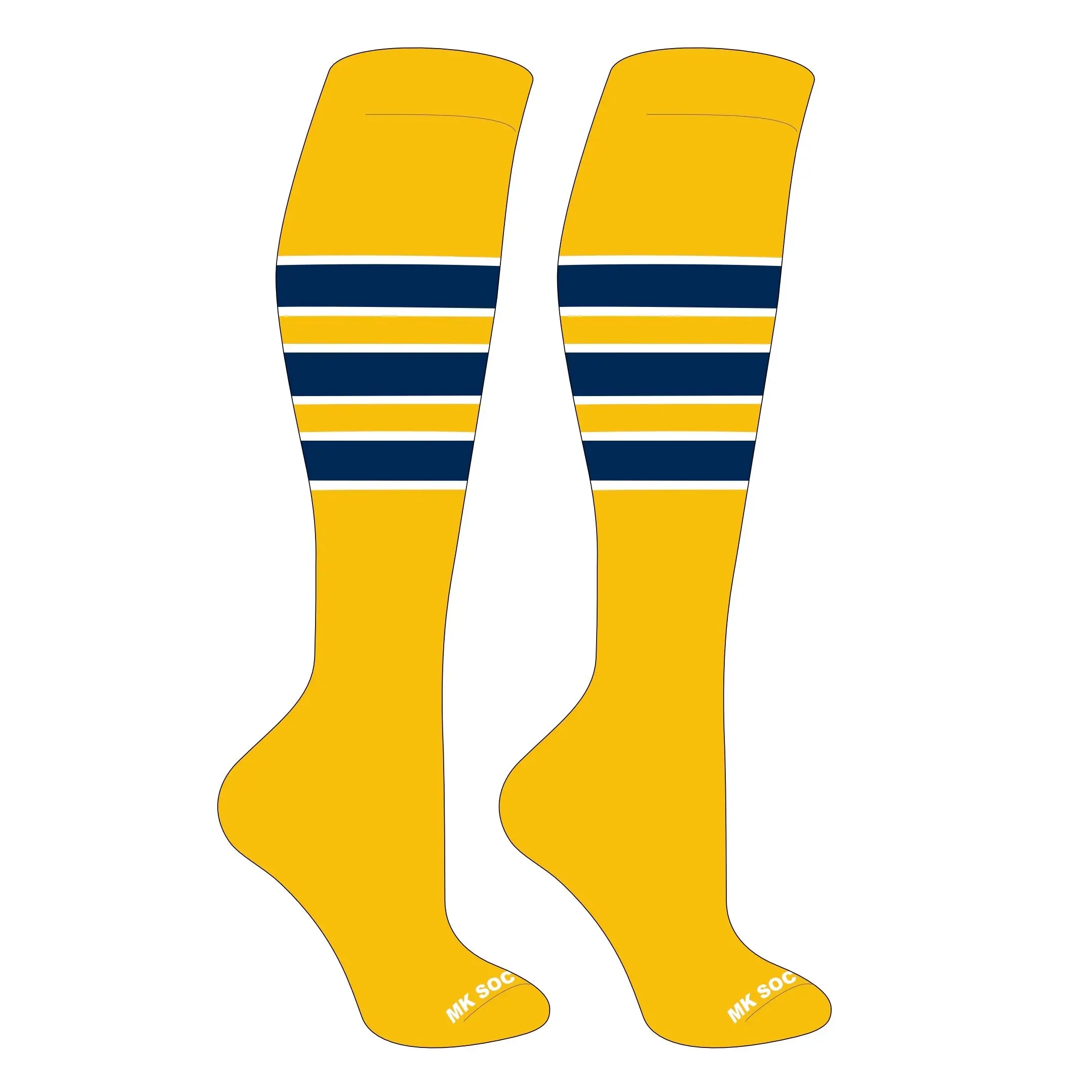 MK Socks Striped Knee High Baseball, Football Socks (C) Gold, White, Navy Blue