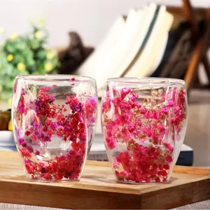 Double Wall Glass Cup Clear Flowers Pattern Milk Tea Coffee Mug Home Water Cup Drinking Glasses Espresso Cups Personalized Mugs Stylish Glass Cups Drinking Glassware