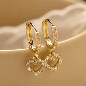 Vintage Heart Pendant Earrings Hoop Zircon Earrings 16k Gold Plated Earrings Simple Sexy Style Pendant Earrings