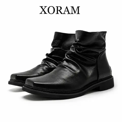 XORAM Men's Minimalist Square-Toe Pleated Ankle Boots - Black Casual Breathable Vintage Footwear for Commuting (66595)