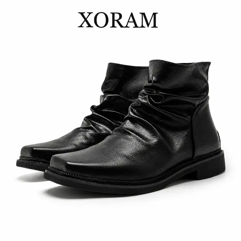 XORAM Men's Minimalist Square-Toe Pleated Ankle Boots - Black Casual Breathable Vintage Footwear for Commuting (66595)