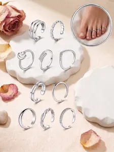 10pcs Cz Decorated Sparkling Zircon Inlay Toe Rings for Women, Hypoallergenic Stainless Steel, Adjustable Open Toe Ring, Foot Jewelry for Parties and Summer Wear