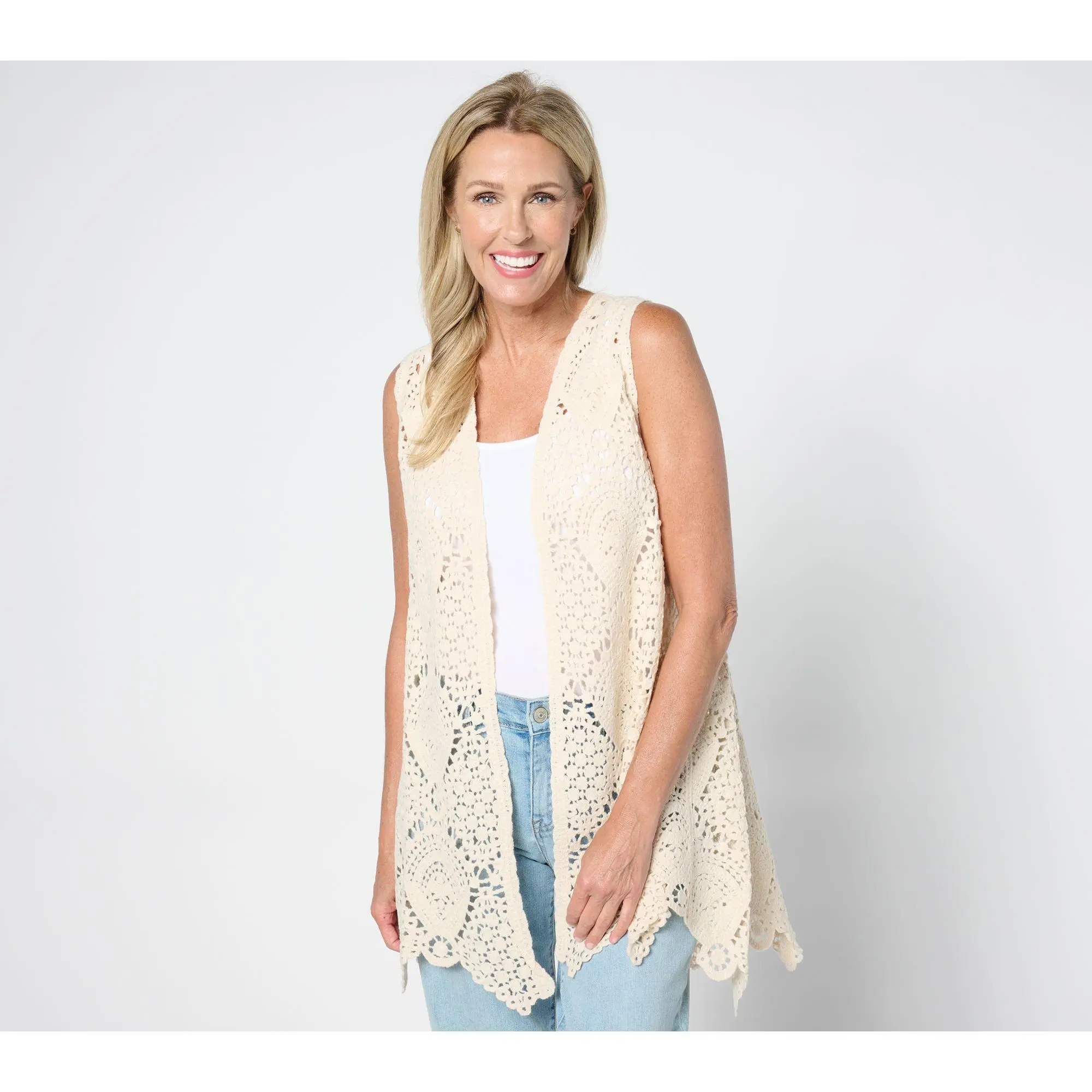 Susan Graver Passport Crochet Vest with Scalloped Hem Susan Graver Passport Crochet Vest with Scalloped Hem