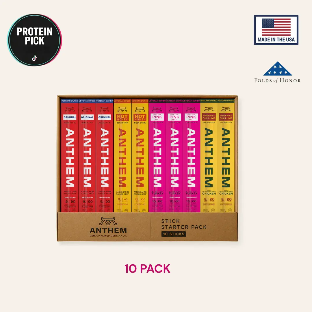 Anthem Snacks | Stick Starter Pack (10 Sticks) (20 Sticks)  |  Beef Stick | Chicken Stick | Turkey Stick | Premium | Hot Honey, Original, Pink Himalayan Salt, Pineapple Chilli Lime, 9g Protein, 10g Protein, 60-90 Calories