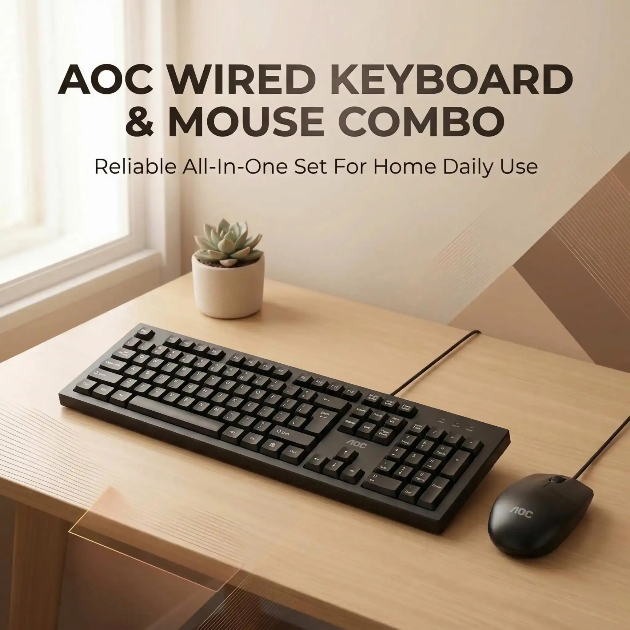 AOC Durable Wired Keyboard and Mouse Combo - 104-Full-Keys Keyboard, 3-Button Optical Mouse, Classic Black, Lightweight Portable, Stable Operation, Universal for PC/Notebook, Ideal for Business Office/Home Use, Bundle Keyboard & Mouse Combos
