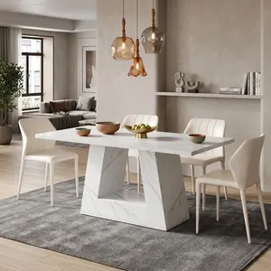 63-Inch Modern Faux Marble Dining Table, Rectangular Dinner Table for 4-6 People, Multifunctional Dining Room Table, Suitable for Kitchen, Living Room, Home Dining, Sturdy Easy-Clean Dining Furniture for Family Gatherings
