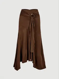 Elegant High Waist Ruffle Hem Asymmetrical Skirt, Belted Bodycon Skirt, Women's Fashion Clothing for All Seasons