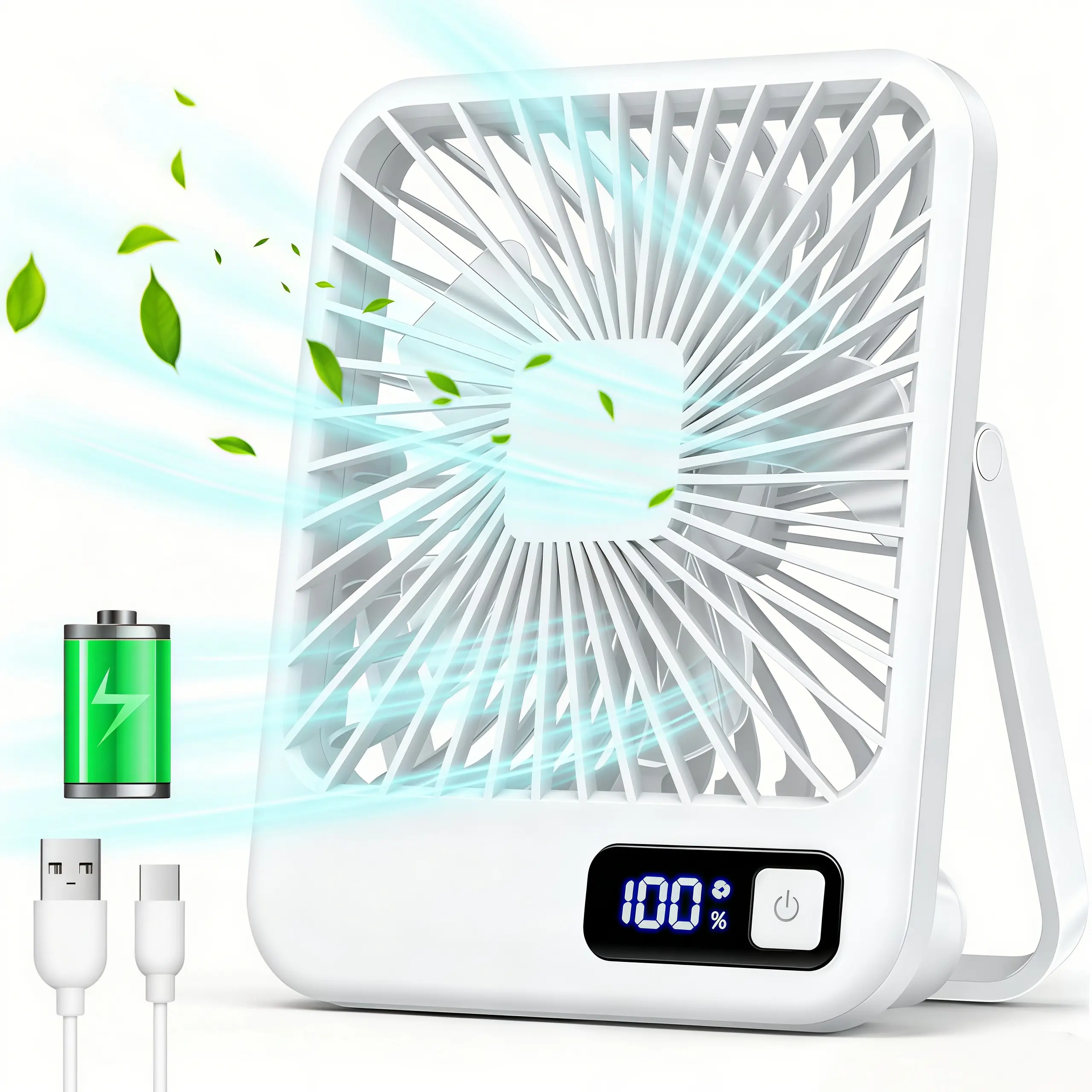 LMMAKE 1PC Multifunctional Portable Battery Powered Fan - 5-Speed, 180° Adjustable, USB Port, Hanging Hook for Desk, Travel Cooling