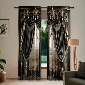2 pieces of high-definition digital dark charcoal black printed curtains made of semi-transparent polyester material, machine washable, suitable for bedrooms, living rooms and home decoration.
