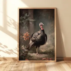 Vintage Turkey Hunting Print In Rustic Wildlife Style, Wall Art Featuring A Turkey Hunting, Turkey Feather Art For Bedroom/Cabin Decoration.