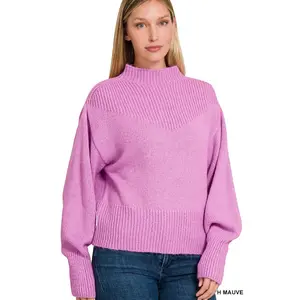 Zenana Balloon Sleeve Mock Neck Sweater