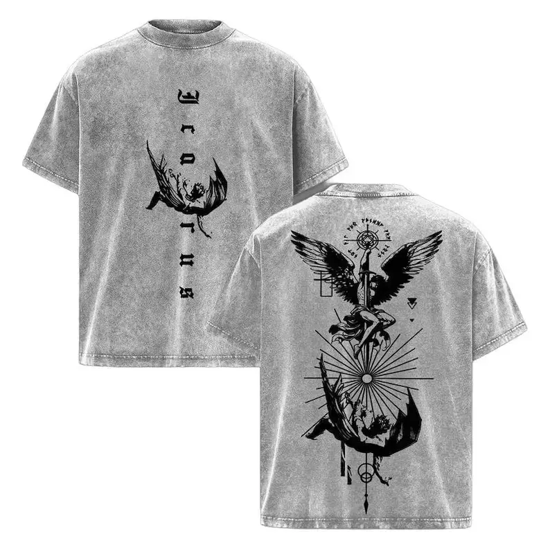 Men's Icarus Oversized Streetwear Tee - Premium Cotton Graphic Print Gothic Angel Menswear Top