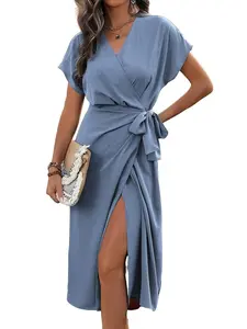 Elegant V-Neck Wrap Dress with Tie, Ditsy Floral Print, Long Sleeve, Loose-Fitting, Casual Wear for All Seasons, Women's Party